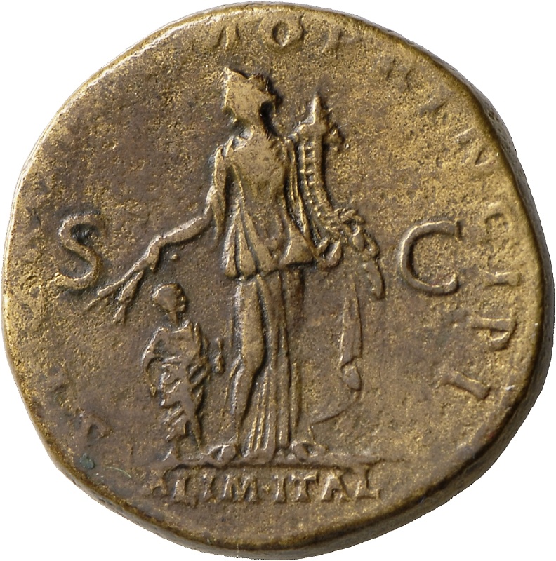 Sesterz des Trajan mit Darstellung der Alimenta Italiae (Landesmuseum Württemberg, Stuttgart CC BY-SA)