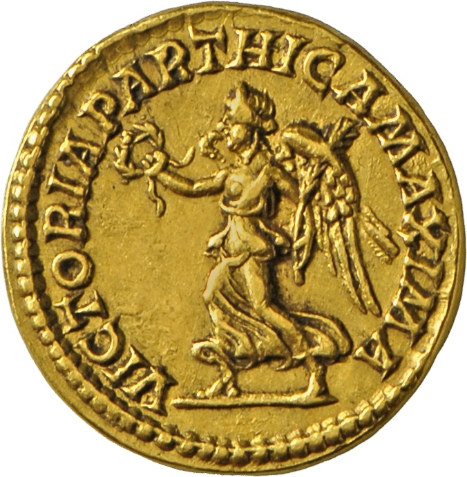 Aureus des Septimius Severus und des Caracalla mit Darstellung der Victoria (Landesmuseum Württemberg, Stuttgart CC BY-SA)