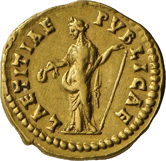 Aureus des Antoninus Pius für Faustina minor mit Darstellung der Laetitia (Landesmuseum Württemberg, Stuttgart CC BY-SA)
