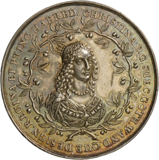 Medaille von Sebastian Dadler auf die schwedische Königin Christina als Friedensstifterin , 1647 (Landesmuseum Württemberg, Stuttgart CC BY-SA)