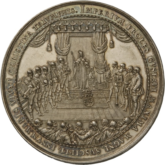 Medaille von Sebastian Dadler auf die Übernahme der Regierung durch die Königin Christina von Schweden am 7. Dezember 1644 und den Seesieg bei Fehmarn, 1644 (Landesmuseum Württemberg, Stuttgart CC BY-SA)