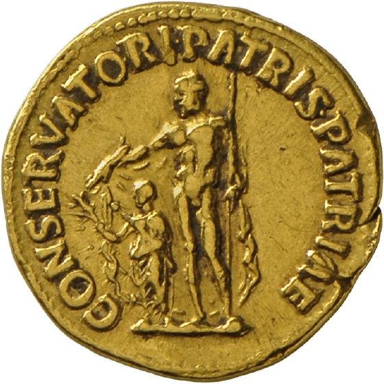 Aureus des Trajan mit Darstellung des von Jupiter beschützten Kaisers (Landesmuseum Württemberg, Stuttgart CC BY-SA)