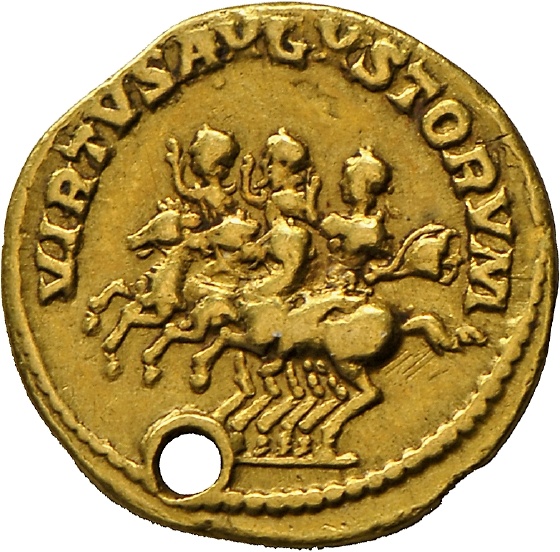 Aureus des Septimius Severus mit Darstellung des Kaisers und seiner Söhne zu Pferd (Landesmuseum Württemberg, Stuttgart CC BY-SA)