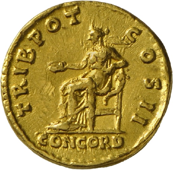 Aureus des Hadrian für Aelius Caesar mit Darstellung der Concordia (Landesmuseum Württemberg, Stuttgart CC BY-SA)