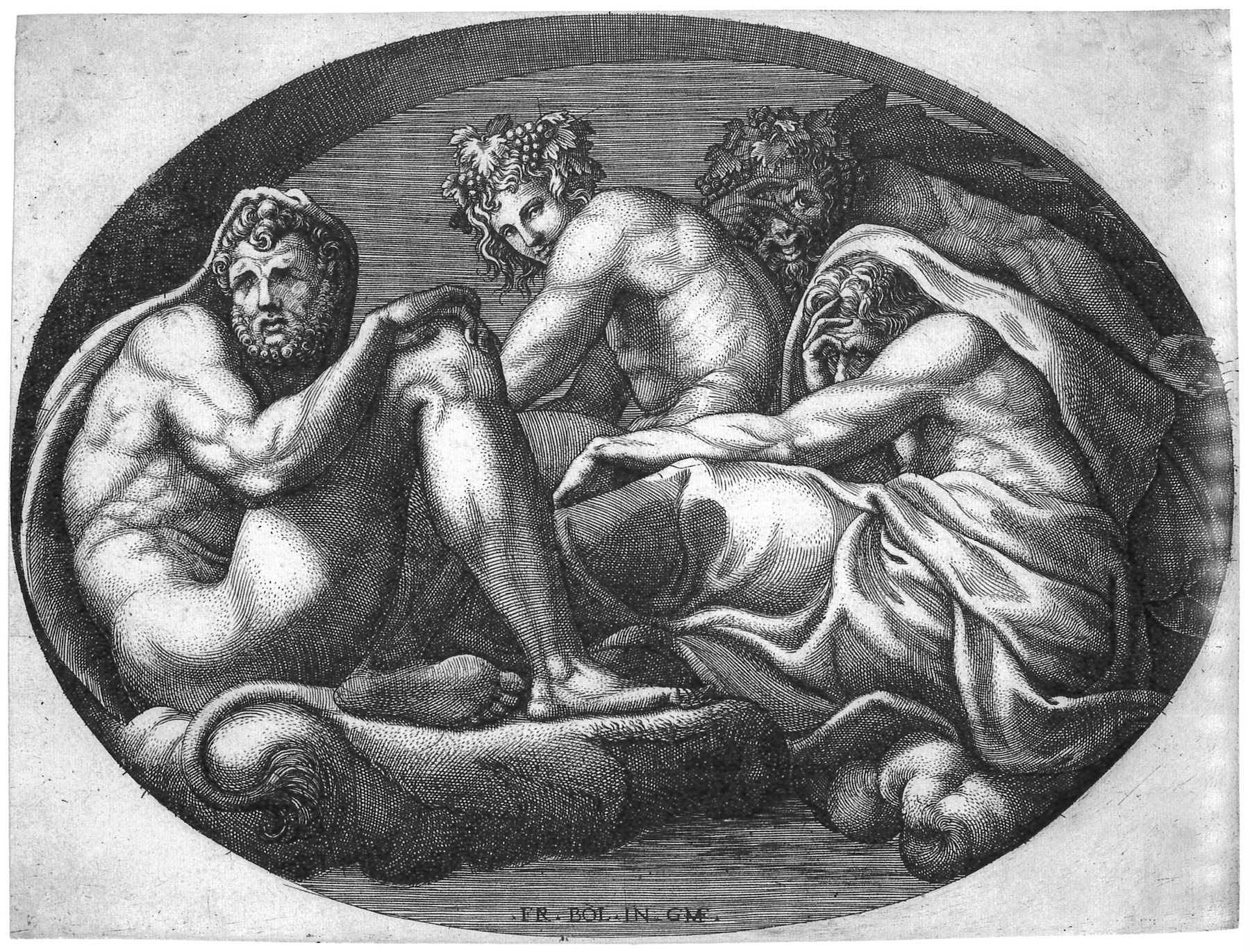Giorgio Ghisi: Herkules, Bacchus, Pan und Saturn (Städtisches Graphik-Kabinett Backnang CC BY-NC-SA)