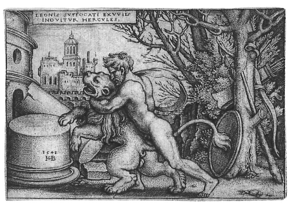Sebald Beham: Herkules erwürgt den Nemeischen Löwen (Städtisches Graphik-Kabinett Backnang CC BY-NC-SA)