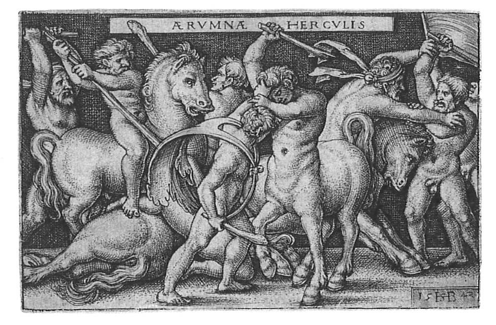 Sebald Beham: Herkules kämpft mit den Kentauren (Titelblatt) (Städtisches Graphik-Kabinett Backnang CC BY-NC-SA)