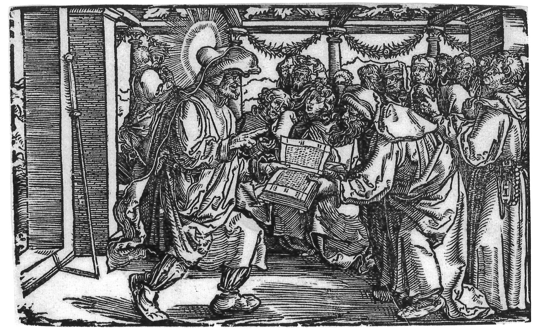 Petrarca-Meister: Jacobus Major überbringt ein heiliges Buch (Städtisches Graphik-Kabinett Backnang CC BY-NC-SA)