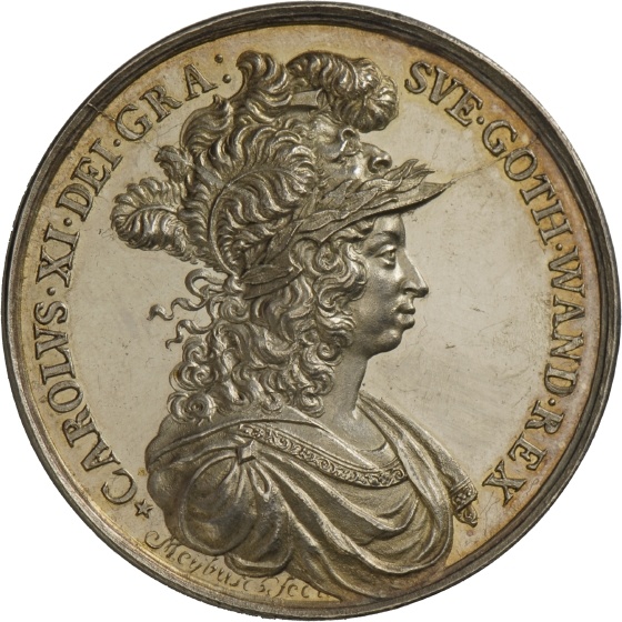 Medaille von Anton Meybusch auf die Siege König Karls XI. von Schweden über die Dänen bei Halmstad, Lund und Landskrona, 1677 (Landesmuseum Württemberg, Stuttgart CC BY-SA)