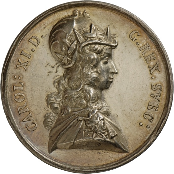 Medaille von Johann Georg Breuer auf König Karl XI. von Schweden und den Sieg bei Lund, 1676 (Landesmuseum Württemberg, Stuttgart CC BY-SA)