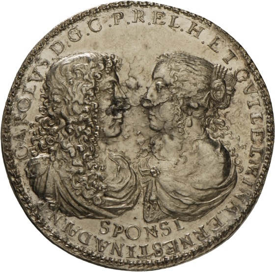 Medaille auf die Vermählung des Kurfürsten Karl mit Wilhelmine Ernestine von Dänemark, 1671 (Landesmuseum Württemberg, Stuttgart CC BY-SA)