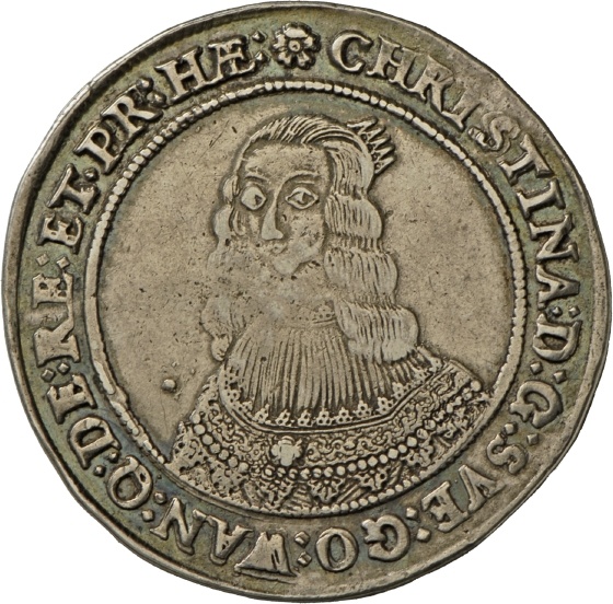Riksdaler auf Königin Christina von Schweden mit Darstellung des Salvator mundi, 1643 (Landesmuseum Württemberg, Stuttgart CC BY-SA)
