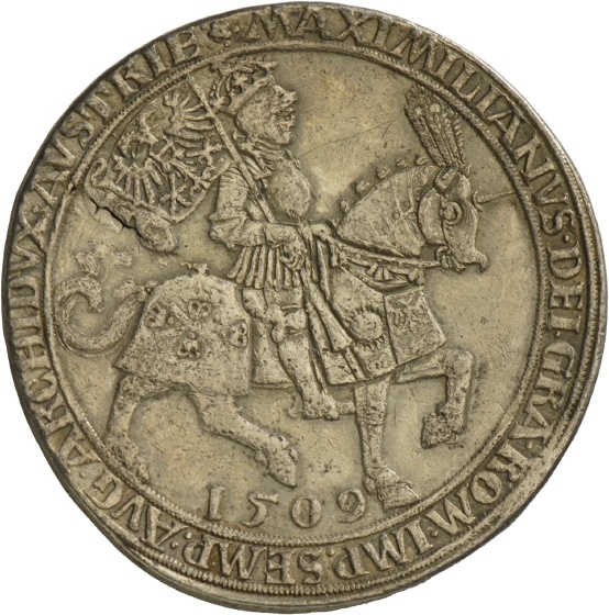 Doppelter Schauguldiner von Ulrich Ursenthaler auf die Kaiserkrönung Maximilians I., 1509 (Landesmuseum Württemberg, Stuttgart CC BY-SA)