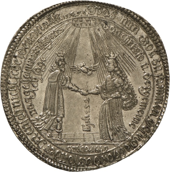 Taler auf die Hochzeit von Herzog Friedrich I. von Sachsen-Gotha-Altenburg mit Magdalena Sybilla von Sachsen-Weißenfels, 1669 (Landesmuseum Württemberg, Stuttgart CC BY-SA)
