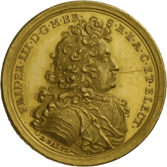 Medaille von Raimund Faltz auf Friedrich III. von Brandenburg und die Siege über die Franzosen am Rhein, 1689 (Landesmuseum Württemberg, Stuttgart CC BY-SA)