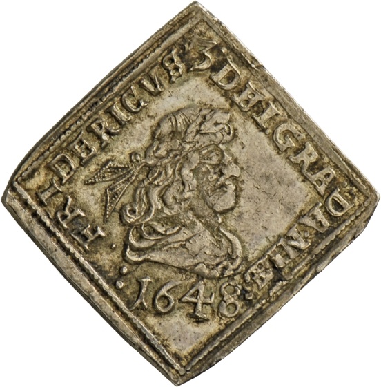 Halber Speciedaler, Silberabschlag des Doppeldukaten auf die Krönung König Friedrich III. von Dänemark und Norwegen, 1648 (Landesmuseum Württemberg, Stuttgart CC BY-SA)