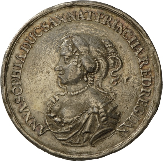 Medaille von Johann Georg II. von Sachsen auf die Reise seiner Schwiegertochter Anna Sophie von Dänemark, 1676 (Landesmuseum Württemberg, Stuttgart CC BY-SA)