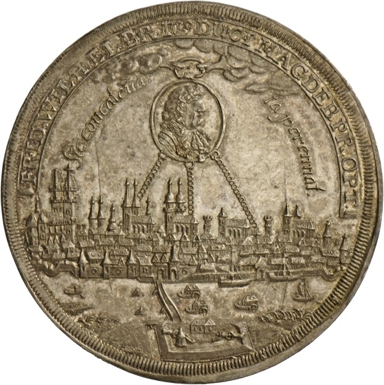 Medaille von Johann Elers auf Friedrich Wilhelm von Brandenburg und seine Huldigung in der Stadt Magdeburg, 1681 (Landesmuseum Württemberg, Stuttgart CC BY-SA)