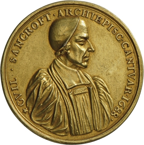 Medaille von George Bower auf Erzbischof William Sancroft von Canterbury und die sechs Bischöfe, 1688 (Landesmuseum Württemberg, Stuttgart CC BY-SA)