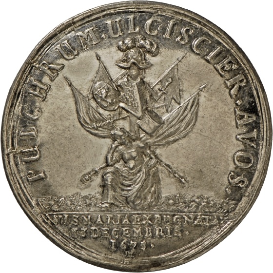 Medaille von Jeremias Hercules auf die Einnahme der Stadt Wismar durch die Dänen, 1675 (Landesmuseum Württemberg, Stuttgart CC BY-SA)