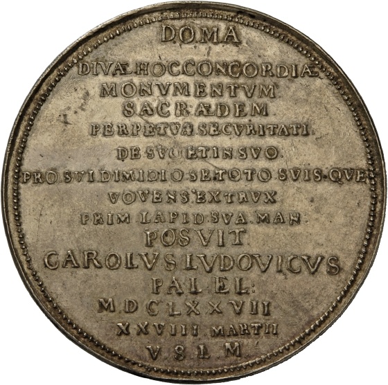 Silberabschlag der Medaille von Johann Linck auf die Grundsteinlegung der Konkordienkirche in der Festung Friedrichsburg, 1677 (Landesmuseum Württemberg, Stuttgart CC BY-SA)