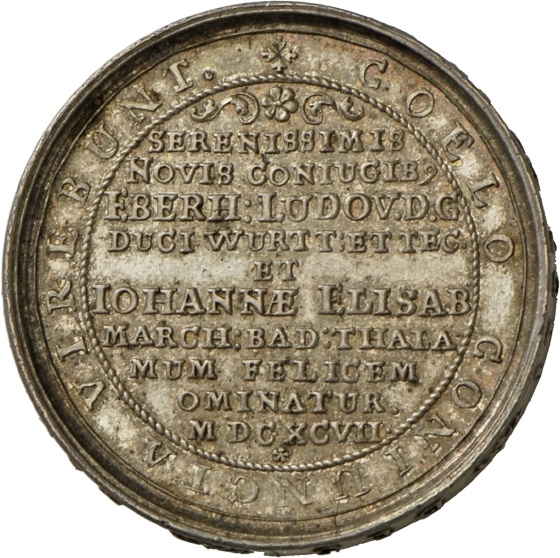 Medaille auf die Vermählung Eberhard Ludwigs von Württemberg und Johanna Elisabeths von Baden-Durlach, 1697 (Landesmuseum Württemberg, Stuttgart CC BY-SA)