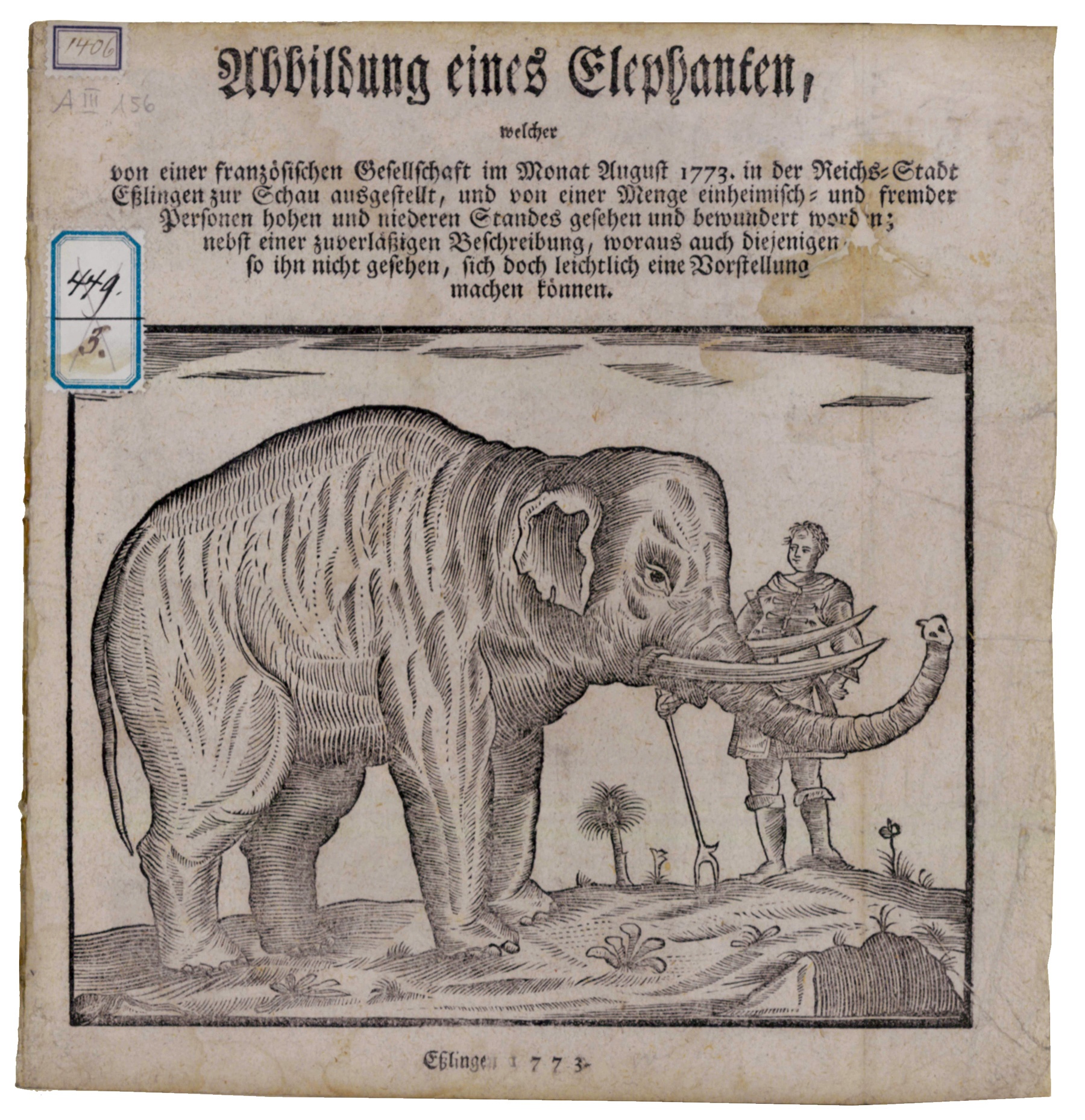Flugblatt mit Abbildung eines Elefanten (Stadtmuseum im Gelben Haus Esslingen CC BY-NC-SA)