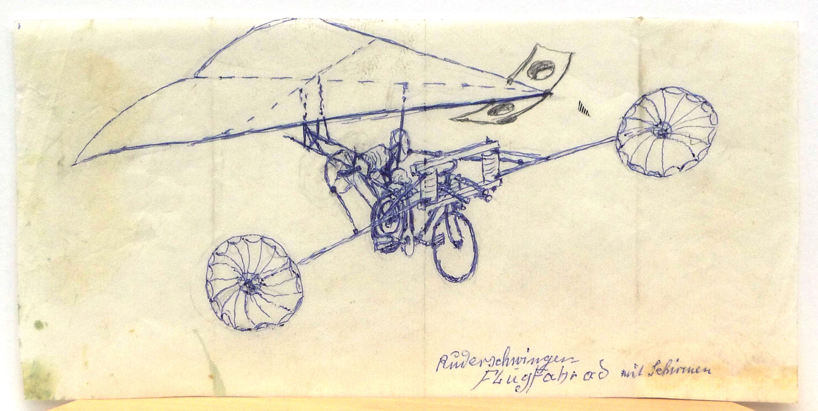 "Ruderschwingen Flug Fahrrad mit Schirmen" (Gustav Mesmer Stiftung CC BY-NC-SA)