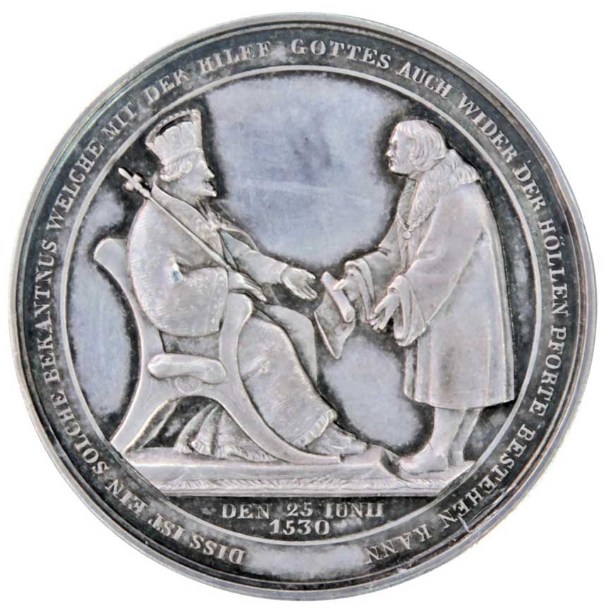 Medaille auf Luther, Johann Kurfürst von Sachsen, Melanchthon und die Augsburger Konfession 1830 (Museum im Melanchthonhaus Bretten CC BY-NC-SA)