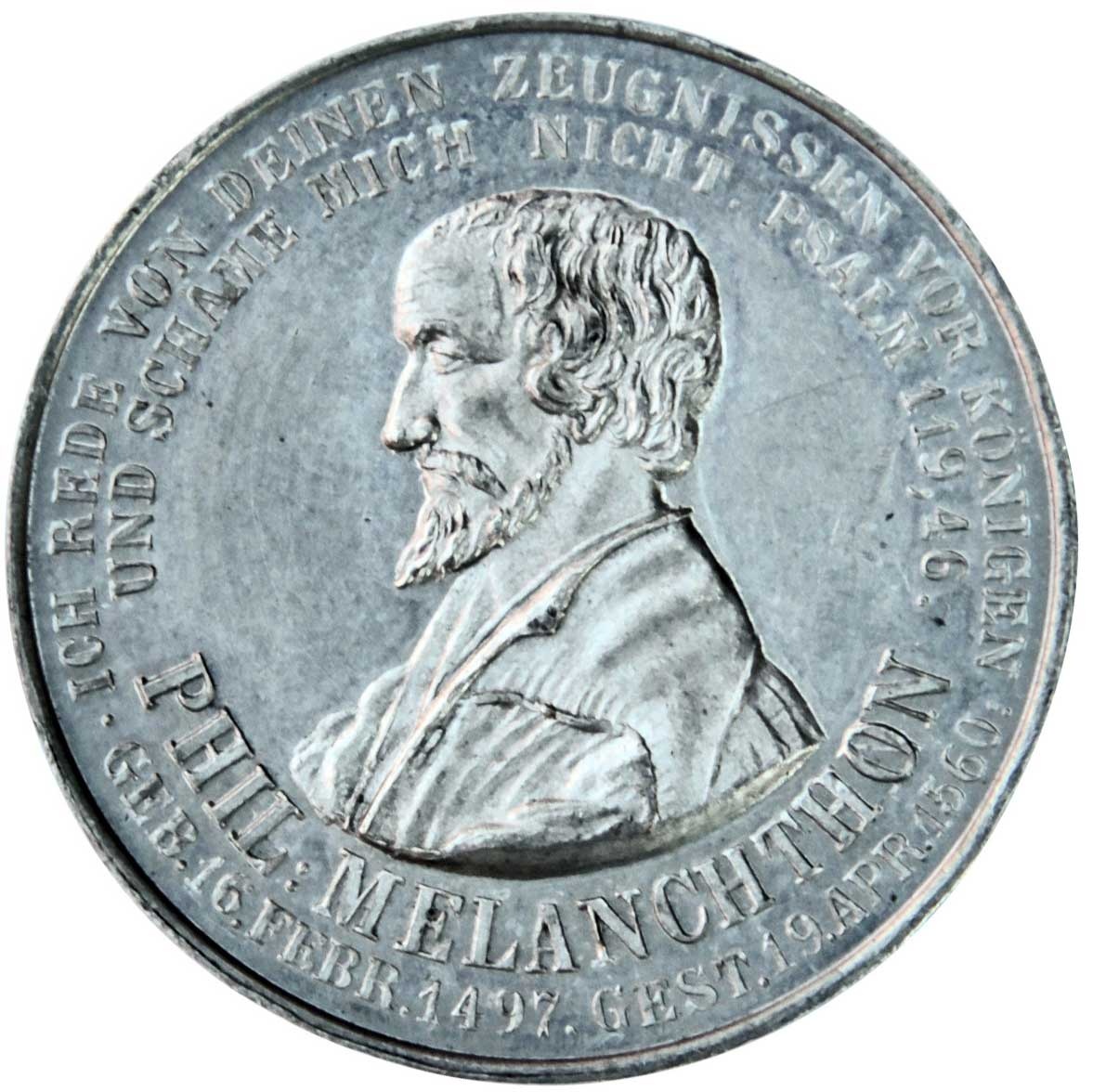 Medaille auf die Gedächtnisfeier des Reformationsfestes und die Einweihung des Melanchthon-Denkmals in Wittenberg 1865 (Museum im Melanchthonhaus Bretten CC BY-NC-SA)