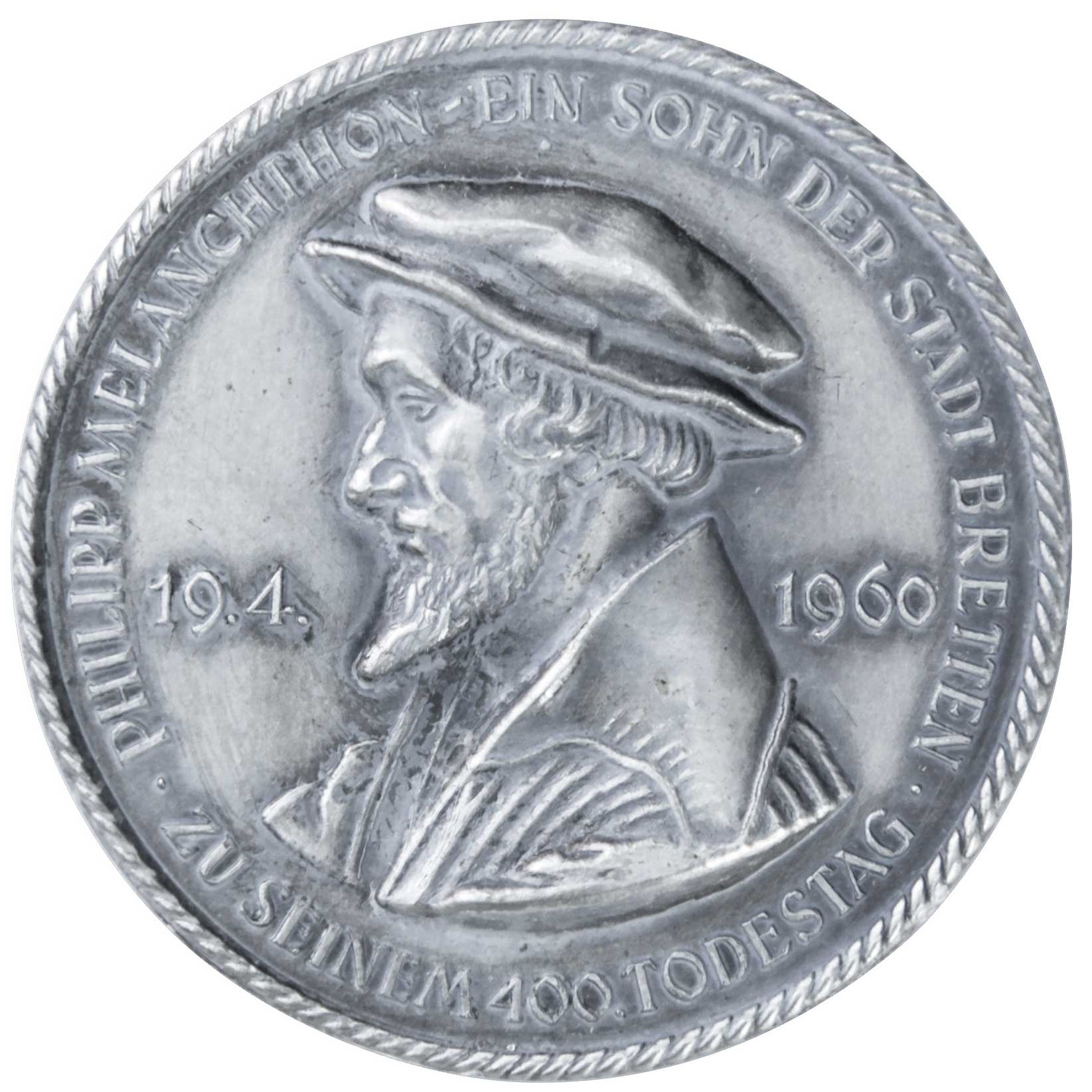 Medaille des Bezirkskirchenrats des Dekanats Bretten anlässlich des 400. Todestags Philipp Melanchthons 1960 (einseitig) (Museum im Melanchthonhaus Bretten CC BY-NC-SA)