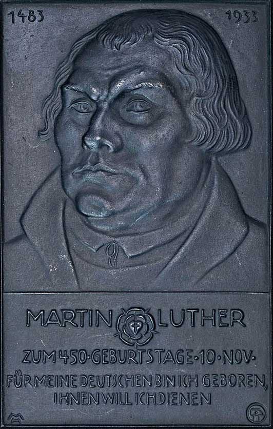 Einseitige Plakette auf den 450. Geburtstag Martin Luther 1933 (Museum im Melanchthonhaus Bretten CC BY-NC-SA)