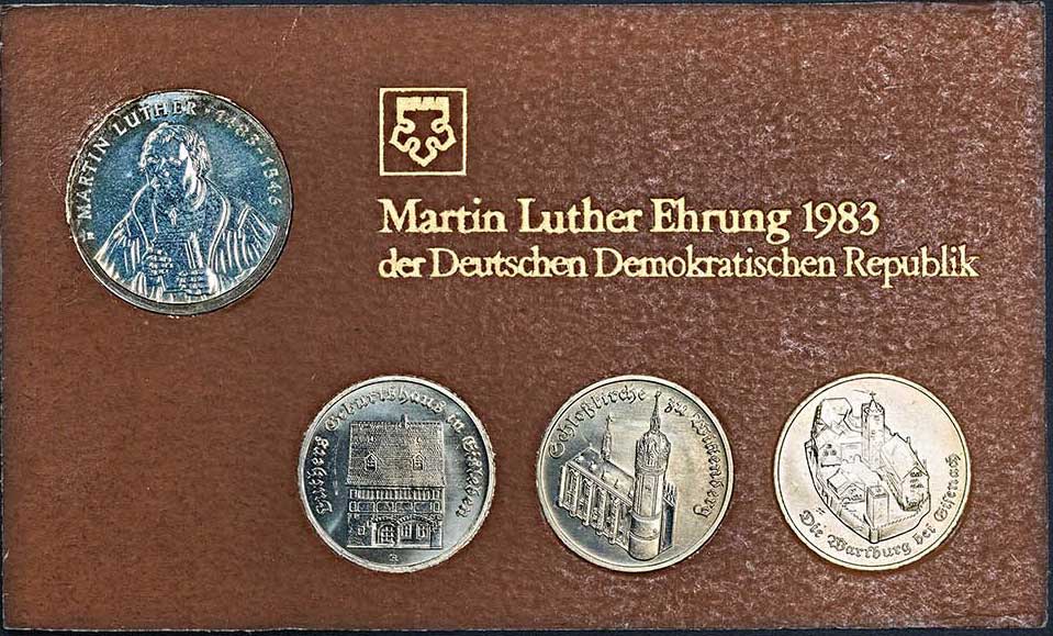 5 Mark aus der Münzen-Reihe "Martin Luther Ehrung der Deutschen Demokratischen Republik" auf seinen 500. Geburtstag 1982 (Museum im Melanchthonhaus Bretten CC BY-NC-SA)