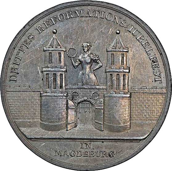 Medaille auf das 300-jahrige Reformationsjubiläum in Magdeburg 1824 (Museum im Melanchthonhaus Bretten CC BY-NC-SA)