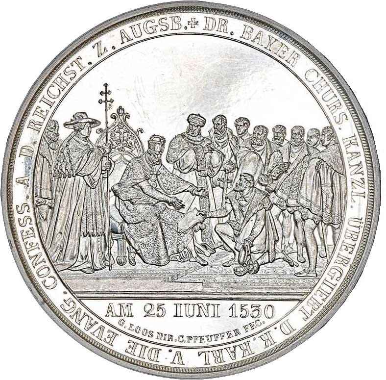 Medaille auf das 300-jährige Jubiläum der Augsburger Konfession 1830 (Museum im Melanchthonhaus Bretten CC BY-NC-SA)