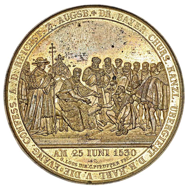 Medaille auf das 300-jährige Jubiläum der Augsburger Konfession 1830 (Museum im Melanchthonhaus Bretten CC BY-NC-SA)