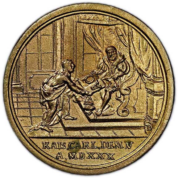 Medaille auf das 200-jährige Jubiläum der Confessio Augustana 1730 (Museum im Melanchthonhaus Bretten CC BY-NC-SA)