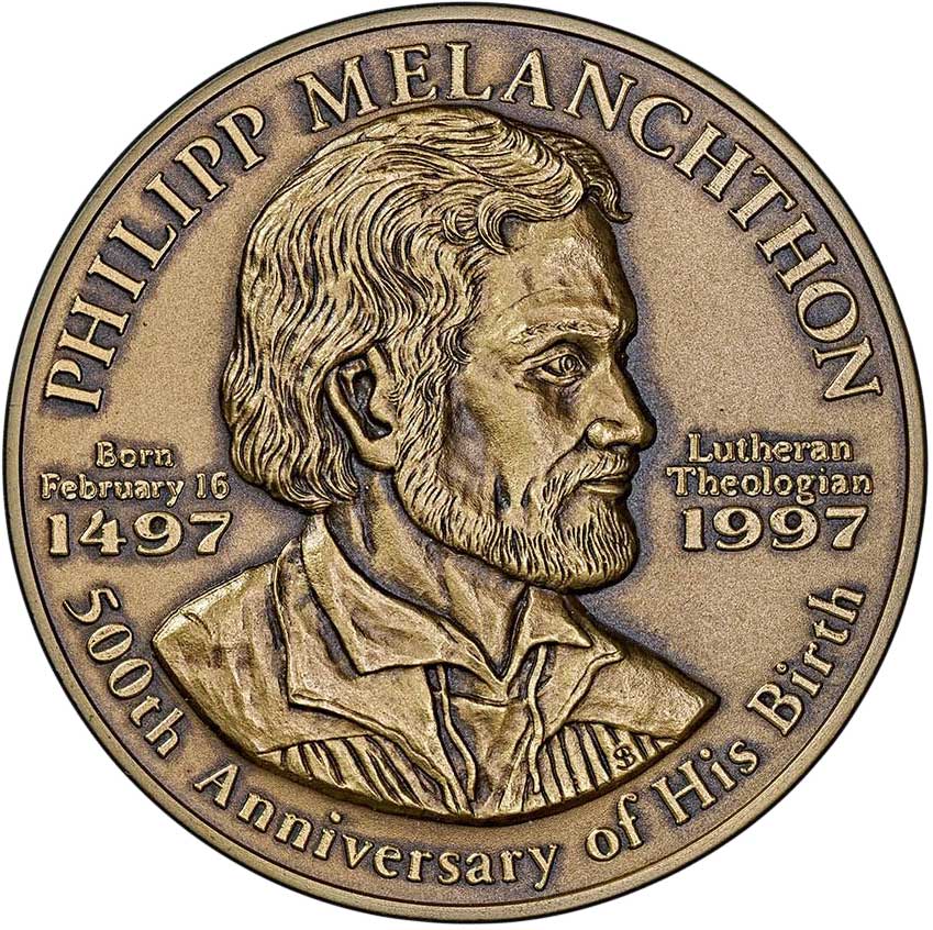 Medaille auf den 500. Geburtstag von Philipp Melanchthon 1997 (Museum im Melanchthonhaus Bretten CC BY-NC-SA)
