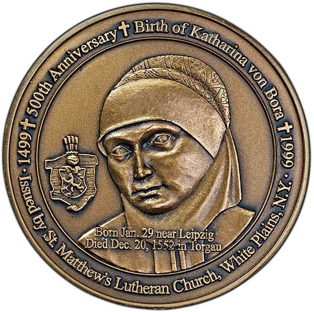 Medaille zum 500. Geburtstag von Katharina von Bora 1999 (Museum im Melanchthonhaus Bretten CC BY-NC-SA)