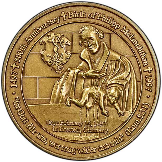 Medaille zum 500. Geburtstag Philipp Melanchthons 1997 (Museum im Melanchthonhaus Bretten CC BY-NC-SA)