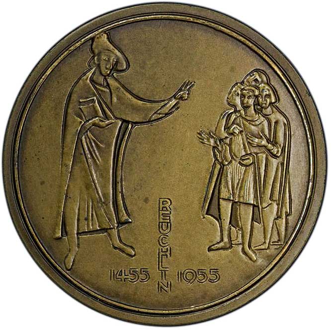 Medaille auf den 500. Geburtstag von Johannes Reuchlin 1955 (Museum im Melanchthonhaus Bretten CC BY-NC-SA)