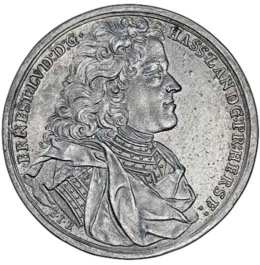 Galvano einer Medaille auf das 200-jährige Reformationsjubiläum 1717 mit Bildnis Ernst Ludwig Landgraf von Hessen-Darmstadt (Vorderseite) (Museum im Melanchthonhaus Bretten CC BY-NC-SA)