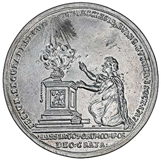 Medaille auf das 200-jährige Reformationsjubiläum 1717 mit Bildnis Ernst Ludwig Landgraf von Hessen-Darmstadt (Galvano Rückseite) (Museum im Melanchthonhaus Bretten CC BY-NC-SA)