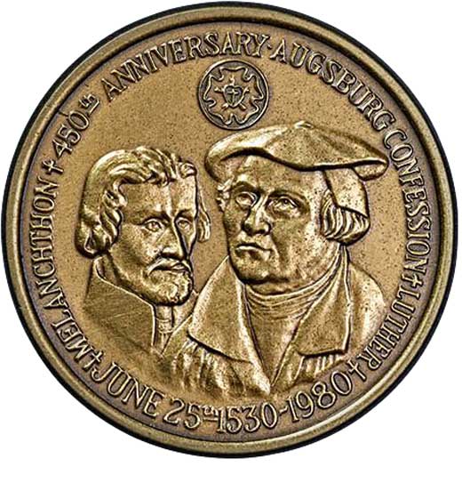 Medaille auf das 450-jährige Jubiläum der Augsburger Confession 1980 (Museum im Melanchthonhaus Bretten CC BY-NC-SA)