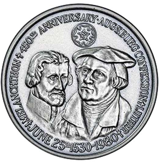 Medaille auf das 450-jährige Jubiläum der Augsburger Confession 1980 (Museum im Melanchthonhaus Bretten CC BY-NC-SA)