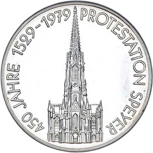 Medaille auf das 450-jährige Jubiläum der Speyer-Protestation 1979 (Museum im Melanchthonhaus Bretten CC BY-NC-SA)