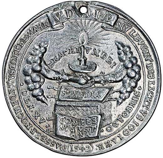 Medaille auf das 100-jährige Reformationsjubiläum in Regensburg 1642 (Museum im Melanchthonhaus Bretten CC BY-NC-SA)