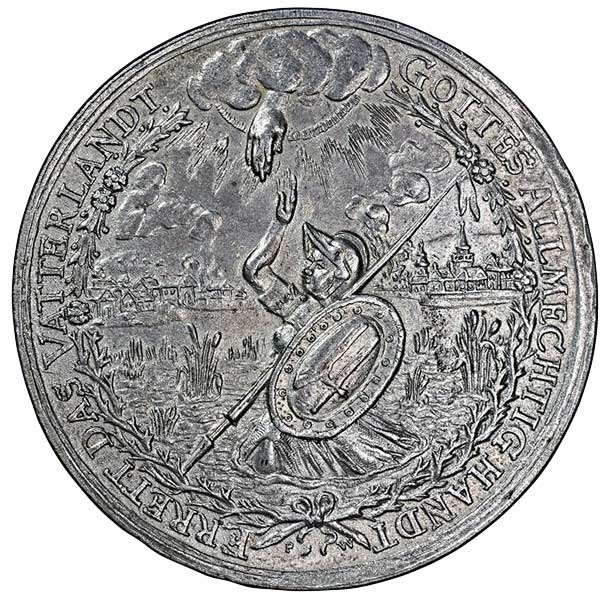 Medaille auf das 100-jährige Reformationsjubiläum in Regensburg 1642 (Galvano Rückseite) (Museum im Melanchthonhaus Bretten CC BY-NC-SA)