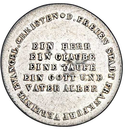 Medaille auf das 300-jährige Reformationsjubiläum 1817, Herausgeber Frankfurter vereinte evangelische Christen (Museum im Melanchthonhaus Bretten CC BY-NC-SA)