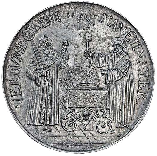 Medaille auf das 100-jährige Reformationsjubiläum (Galvano Vorderseite) (Museum im Melanchthonhaus Bretten CC BY-NC-SA)